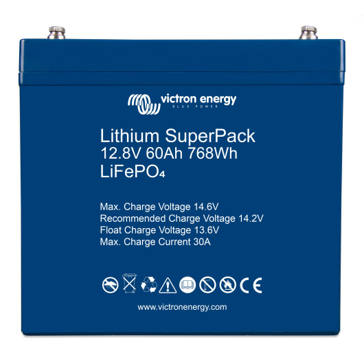 Batterie lithium SuperPack 12,8V 60Ah LiFePO4 Victron Energy - Van, camping-car et bateau - vue de face