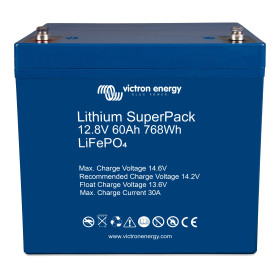 Batterie lithium SuperPack 12,8V 60Ah LiFePO4 Victron Energy - Van, camping-car et bateau - vue de face en angle