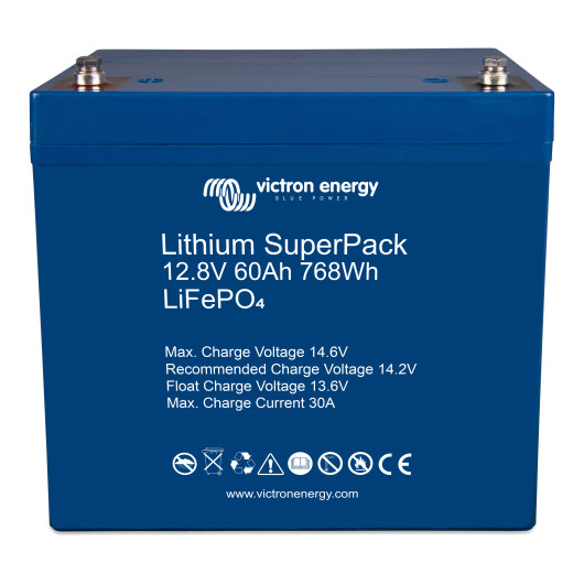 Batterie lithium SuperPack 12,8V 60Ah LiFePO4 Victron Energy - Van, camping-car et bateau - vue de face en angle
