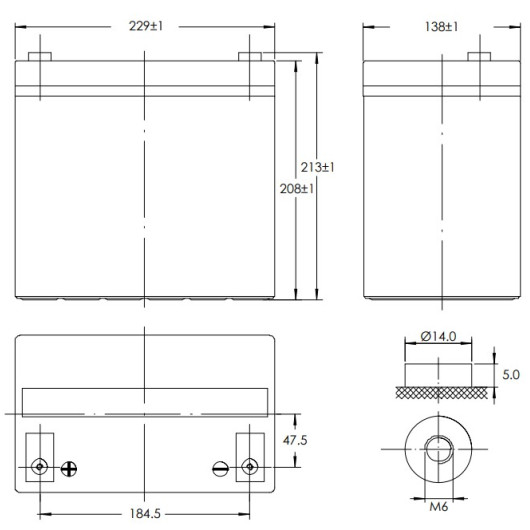 Batterie lithium SuperPack 12,8V 60Ah LiFePO4 Victron Energy - Van, camping-car et bateau - vue de face – dessin dimensions
