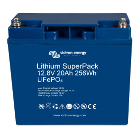 Batterie lithium Victron SuperPack 12,8/20 LiFePO4 à BMS intégré - 12V/20Ah van, bateau et camping-car - vue de face en angle