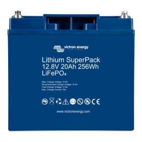 Batterie lithium Victron SuperPack 12,8/20 LiFePO4 à BMS intégré - 12V/20Ah van, bateau et camping-car - vue de face en angle