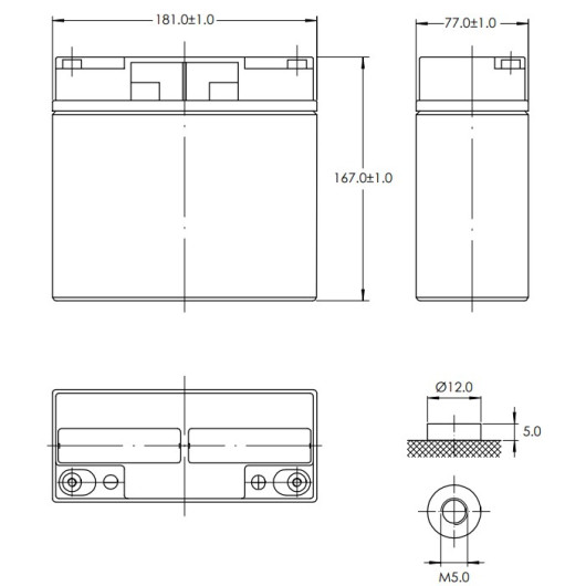 Batterie lithium Victron SuperPack 12,8/20 LiFePO4 à BMS intégré - 12V/20Ah van, bateau et camping-car - dessin dimensions