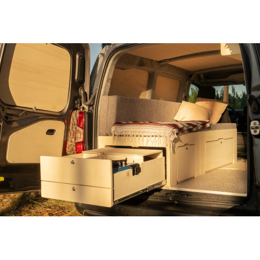 Tiroir cuisine arrière pour lit peigne B4 et B120 Simple Vans | Kit aménagement bois van | H2R Equipements