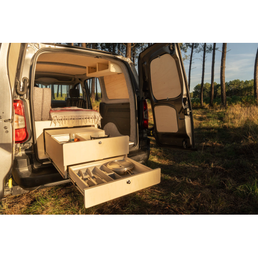 Tiroir cuisine arrière pour lit peigne B130 Simple Vans | Kit aménagement bois van | H2R Equipements
