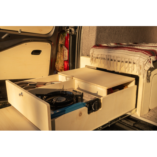 Tiroir cuisine arrière pour lit peigne B130 Simple Vans | Kit aménagement bois van | H2R Equipements