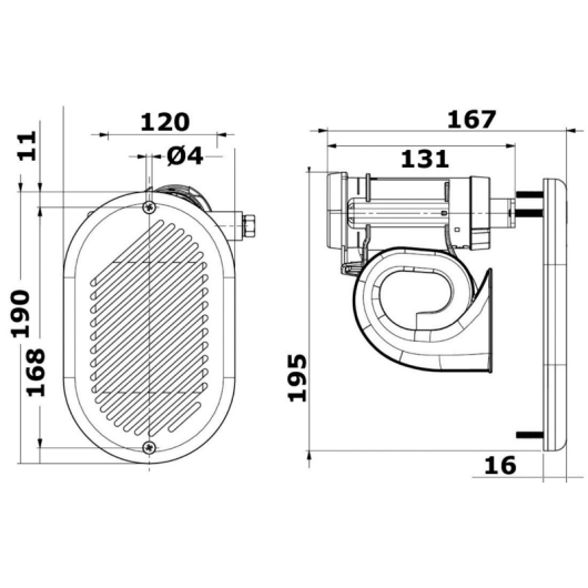 Klaxon pneumatique Hurricane chromé HR1/C MARCO 24 V | Avertisseur sonore | Dimensions