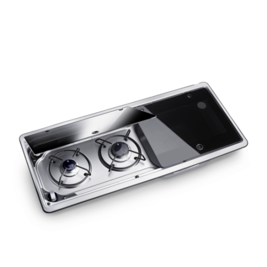 Combiné évier gaz Dometic MO9722R inox - 2 feux avec couvercle verre camping-car et van aménagé - couvercle gauche entre-ouvert