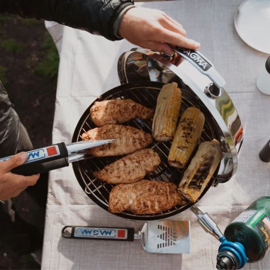 Barbecue portable rond Magma Beach Fire Inox Poli miroir | Barbecue au gaz pour van et camping-car | Vue du dessus