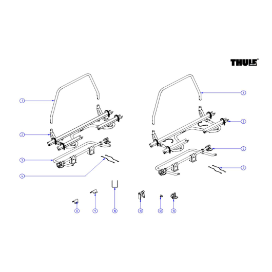 Pièces détachées porte vélo Thule Caravan Superb | vue éclatée des pièces - schéma avec emplacement et numéros.