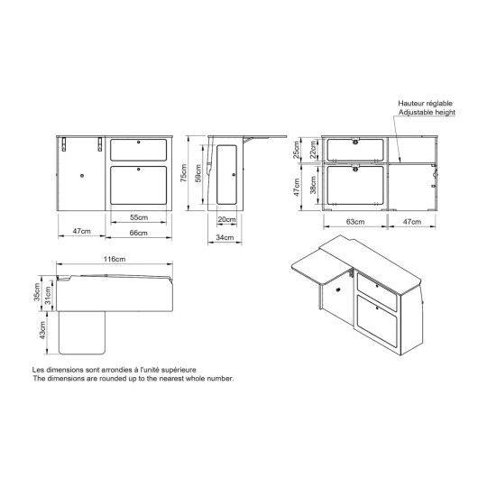 Meuble bois latéral avec table A2V2 VW T5 / T6 Court Simple Vans - schéma dimensions