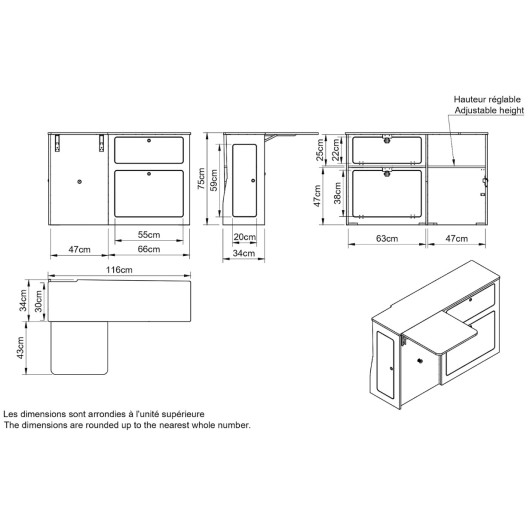 Meuble bois latéral avec table A2V2 Trafic 3 L1 SIMPLE VANS | image d'ambiance - vue depuis l'arrière - schéma dimensions