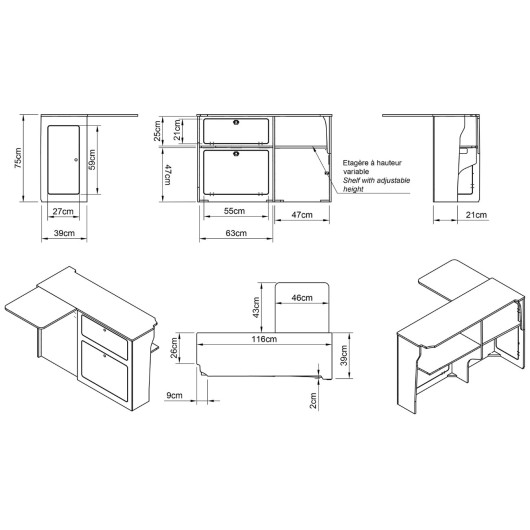 Meuble bois latéral avec table A2V2 Jumpy / Expert 3 L1 (M) SIMPLE VANS - dimensions (schéma)
