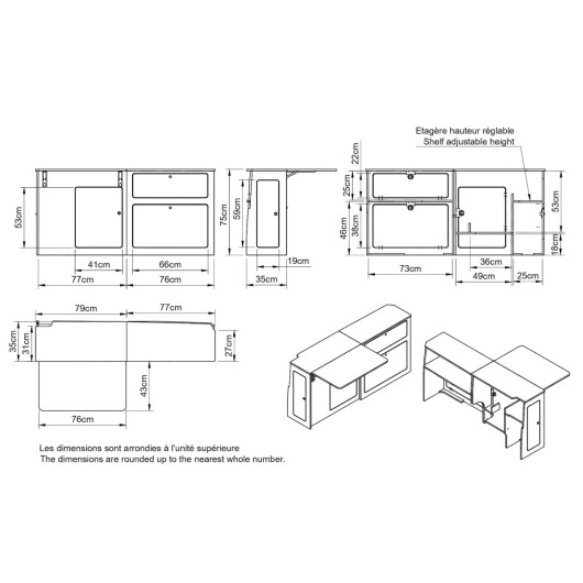 Meuble bois latéral grande table A3V2 VW Transporter T5 T6 T6.1 L2 Simple Vans - schéma dimensions