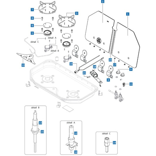 Pièces détachées réchaud gaz CAN FC1362 - Couvercle verre, charnière, thermocouple - vue éclatée
