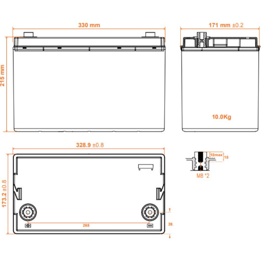 Batterie Lithium 12V 100Ah - ENERGIE MOBILE LT 12-100 PHOENIX - schéma dimensions.