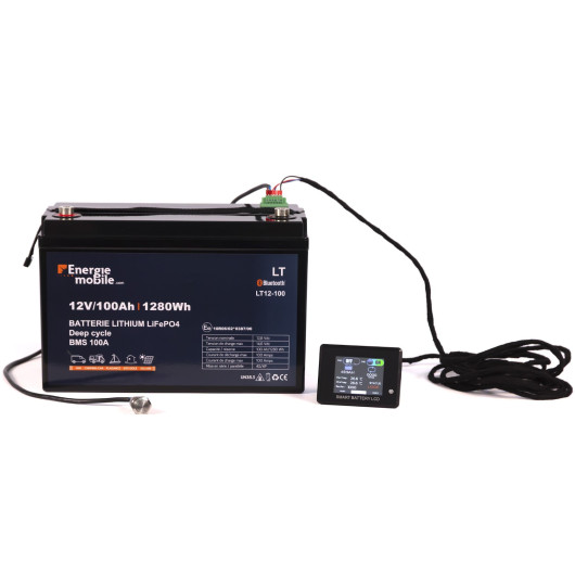 Batterie Lithium 12V 100Ah - ENERGIE MOBILE LT 12-100 PHOENIX vu câblé avec son moniteur et interrupteur optionels.