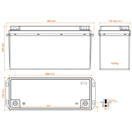 Batterie Lithium 12V 200Ah - ENERGIE MOBILE LT 12-200 PHOENIX - schéma dimensions.