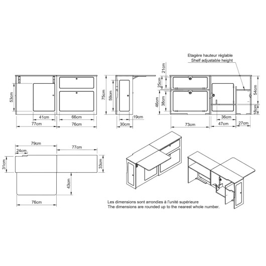 Meuble bois latéral grande table A3V2 Trafic 3 L2 Simple Vans - dessin dimensions