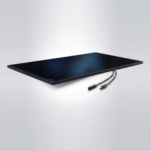 Panneau solaire rigide HPX 225N Full Black ENERGIE MOBILE vu côté et dessus avec connecteur MC4.