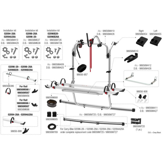 Vue éclatée pièces détachées FIAMMA Carry-Bike Alu et Deep Black, véhicule sur base PSA - Stellantis.