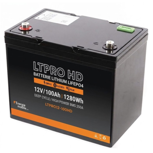 vu côté droit Batterie Lithium LTPRO HD 12V 100Ah 1280Wh Energie Mobile