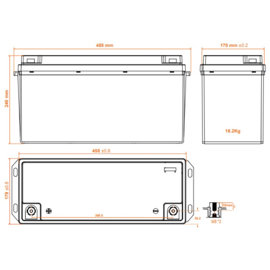 Batterie Lithium 12V 200Ah - ENERGIE MOBILE LT 12-200 HD PHOENIX - schéma dimensions