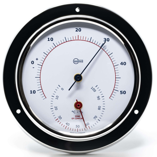 Thermo hygromètre Barigo Sky en inox poli avec cadran blanc | Baromètre, thermomètre & hygromètre | De face
