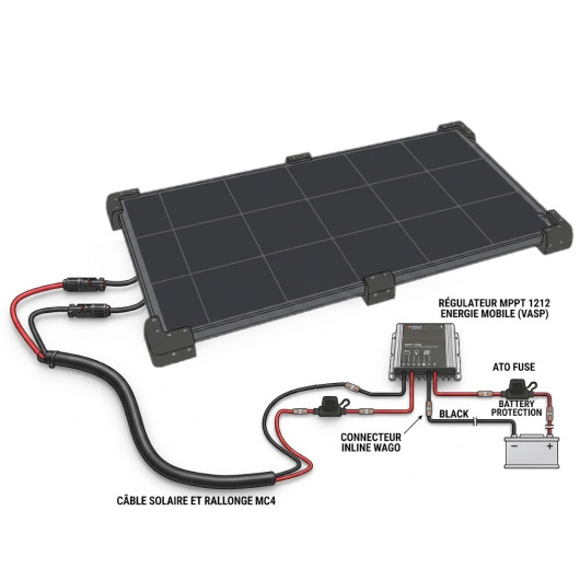 schéma simplifié du Kit Solaire Rigide 175W HPX Full Black ENERGIE MOBILE - Panneau HPBC et Régulateur MPPT