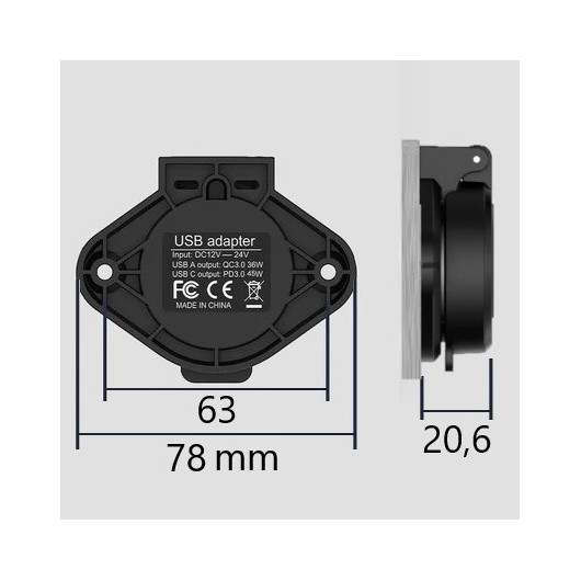 Prise USB en saillie étanche IP67 12V-24V - USB-A 18W et USB-C 100W - ÉNERGIE MOBILE- dimensions