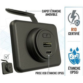 face - Prise USB en saillie étanche IP55 12V-24V - USB-A 18W & USB-C 45W - ÉNERGIE MOBILE