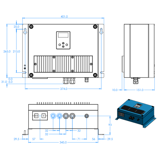 dimensions chargeur Skylla 1+1 ou 3 sorties Victron ENERGIE