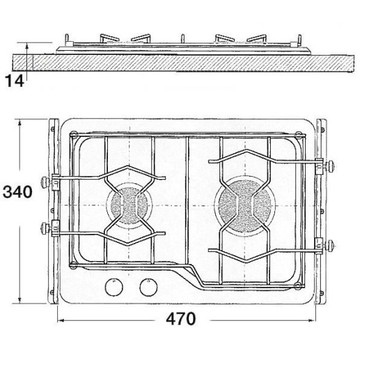 Dimension et schéma de montage de la plaque de cuisson 2 feus seafarer 2 de techimpex.