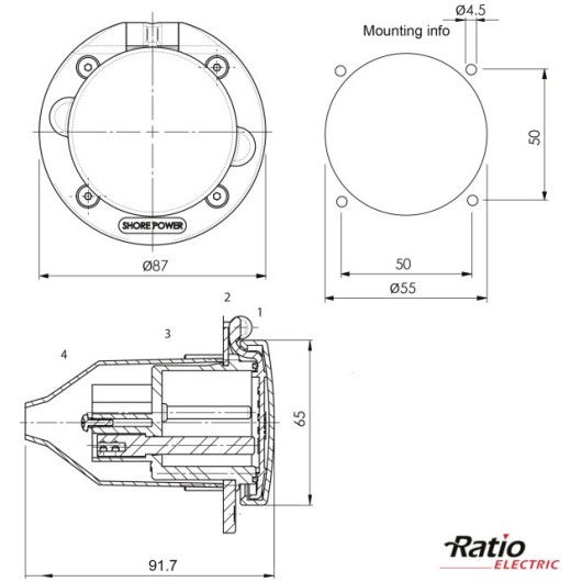 Prise de quai MP16-10 Ratio | prise inox 230V CEE pour bateau et camping-car | Dimensions