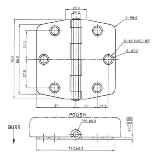 OSCULATI Charnière inox 74 x 75 x 2 mm