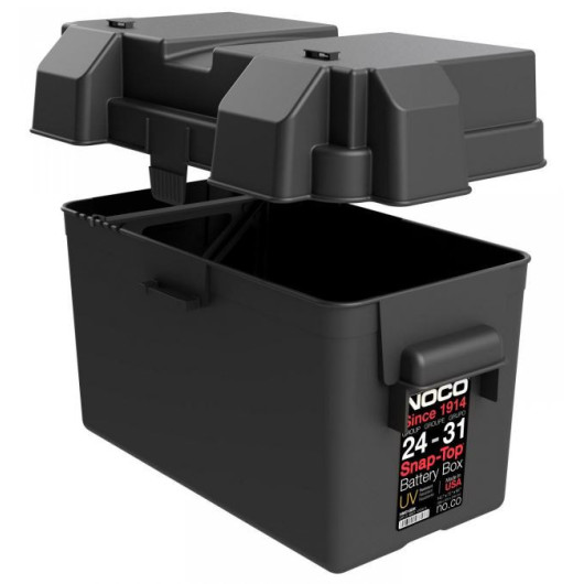 Bac à batterie renforcé Noco pour bateau et fourgon aménagé | Accessoires batterie | De côté avec couvercle ouvert