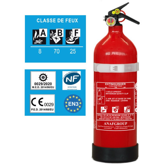 Extincteur mousse ABF 2 K avec support et manomètre parfait pour le bateau.