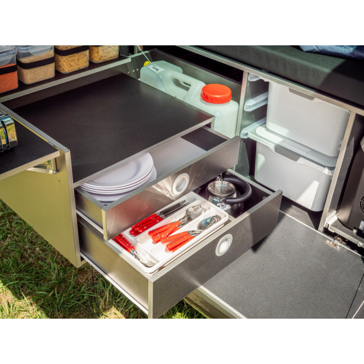 REIMO CampingBox L-CM | aménagement cuisine amovible arrière van VW T5/T6 Multivan & California | H2R Equipements