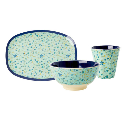 Blue Flowers RICE - set vaisselle en mélamine pour le camping-car & le fourgon aménagé.