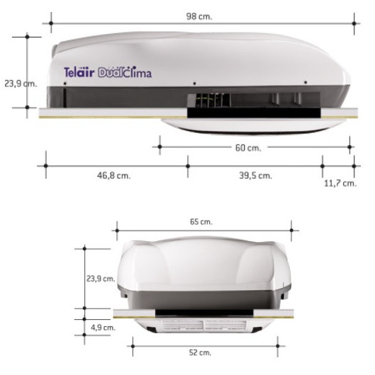 DualClima 8400H TELAIR - climatiseur de toit 2500W camping-car, fourgon & caravane - dimensions