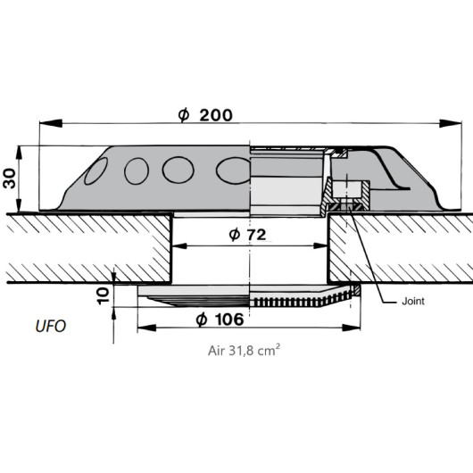 Aérateur de pont inox UFO Vetus | Ventilation permanente pour bateau et fourgon aménagé - schéma