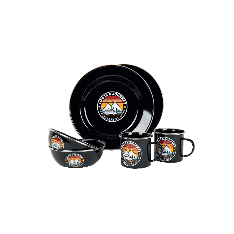 Set vaisselle LIFE IS A JOURNEY - vaisselle en émail pour camping-car