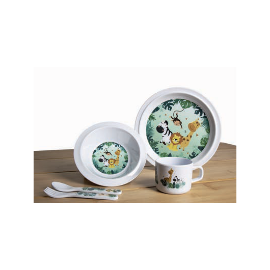 Set vaisselle enfants SAFARI CAMP4 - vaisselle en mélamine pour camping-car et fourgon aménagé.