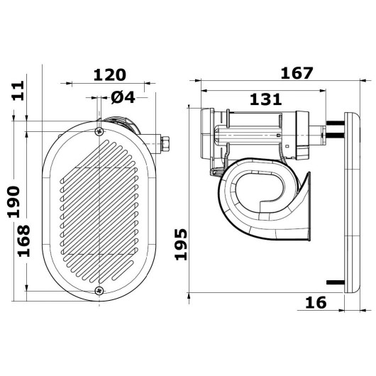 Klaxon pneumatique Marco Hurricane 12 V | Avertisseur sonore | Dimensions