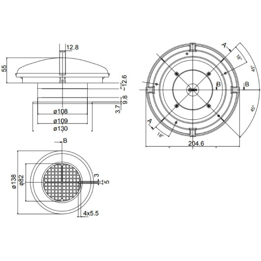Aérateur permanent ø 205 mm Zadi | Ventilation passive 28 cm² toit de camping-car, van et fourgon VASP | schéma dimensions