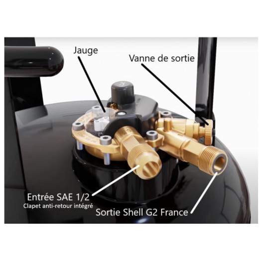 CAMPKO bouteille de gaz rechargeable 36 L. Vu des connexions avec dénominations entrée/sortie
