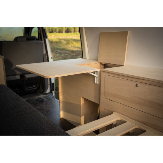 Meuble latéral avec table Trafic 3 SIMPLE VAN | Kit aménagement pour fourgon aménagé | table relevée