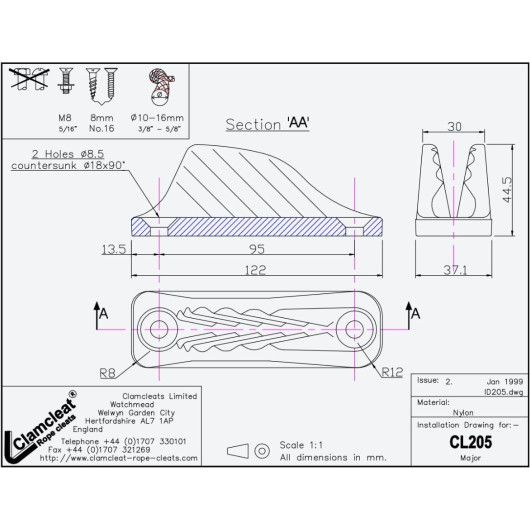Grand taquet ø 10-16 mm CL205 Major CLAMCLEAT - grand coinceur bateau - H2R Equipements.