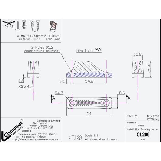 CLAMCLEAT CL209 MIDI - bloqueur & coinceur garcette et bout 4-8 ø mm bateau - H2R Equipements.