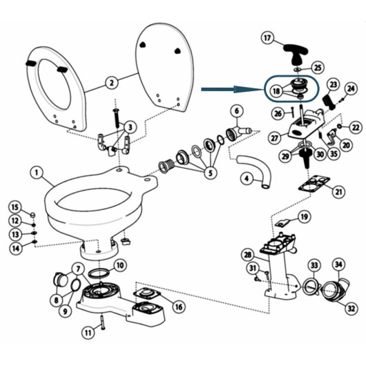 Kit étanchéité tige piston WC Twist'N'Lock JABSCO - pièce détachée pour toilettes de bateau